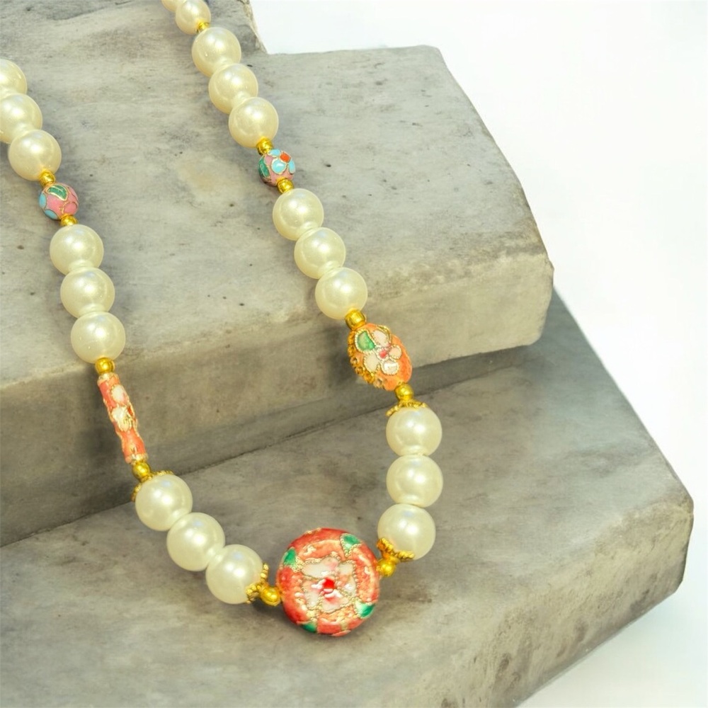 Handcrafted Cloisonné Pearl and Gold Beaded Necklace - Picture 12 of 12